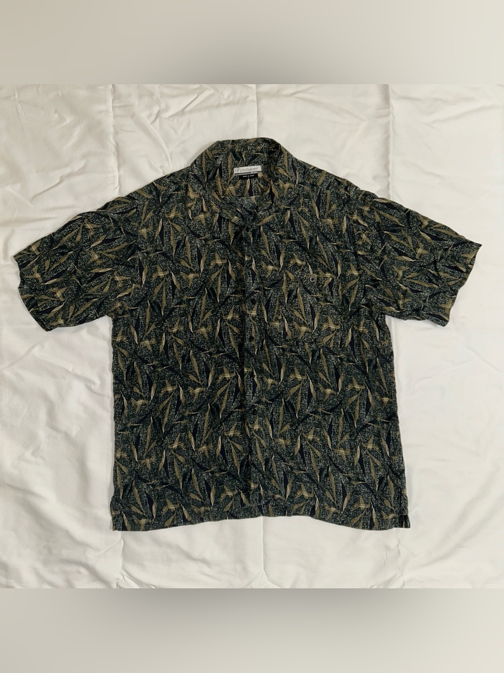 Firethorn 100% Silk Camp Shirt Men’s L Olive Green Tropical Button Up